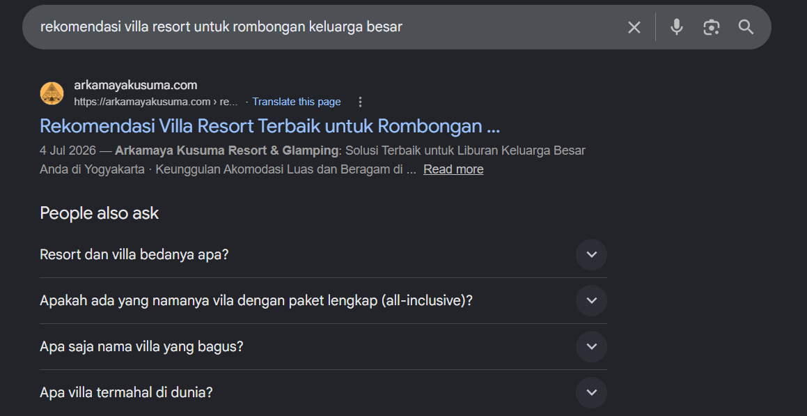 Bukti ranking Google: arkamayakusuma.com peringkat teratas untuk kata kunci villa resort rombongan