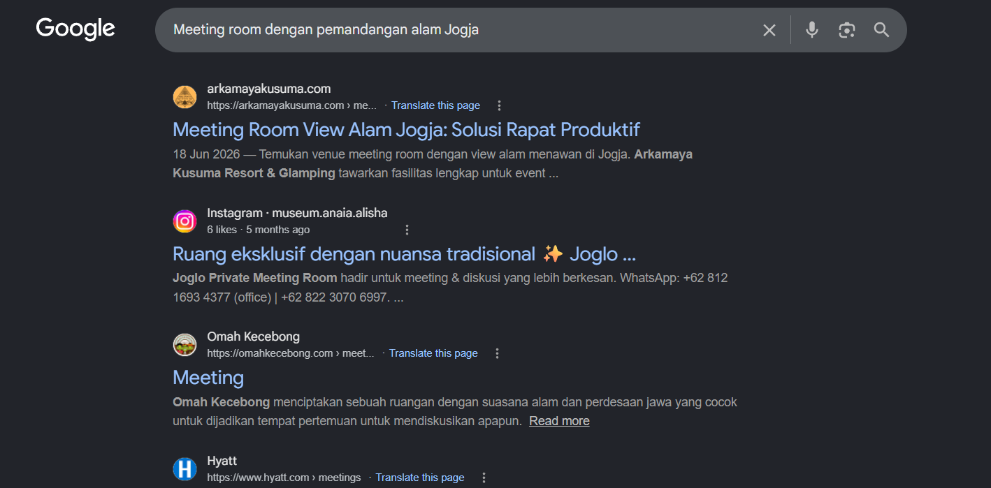Bukti ranking Google: arkamayakusuma.com peringkat teratas untuk kata kunci meeting room Jogja