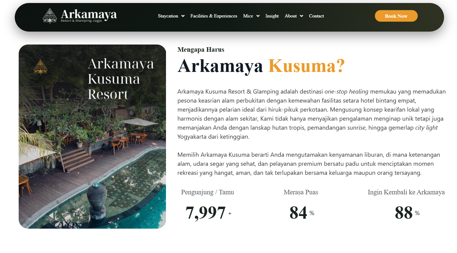 Tampilan halaman profil website Arkamaya Kusuma: mengapa harus Arkamaya Kusuma dan statistik tamu